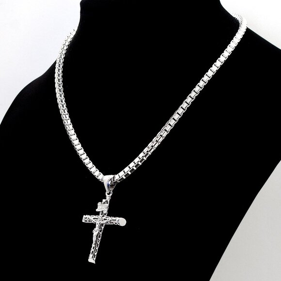925 Sterling Silver Box Chain w Crucifix Pendant, 16", 3.8mm | Christian Cross - Picture 1 of 9